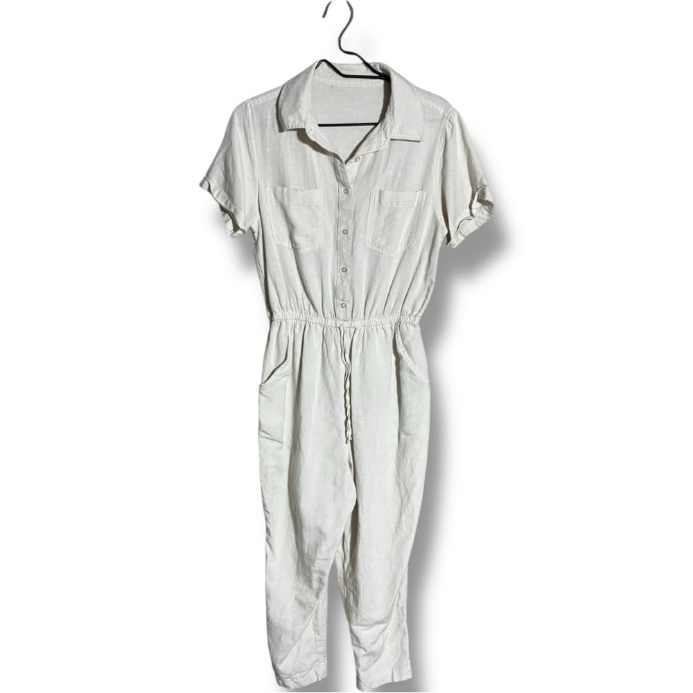 Unbranded Elegant Cream Short Sleeve Collared Cinched Waist Button-Up Jumpsuit